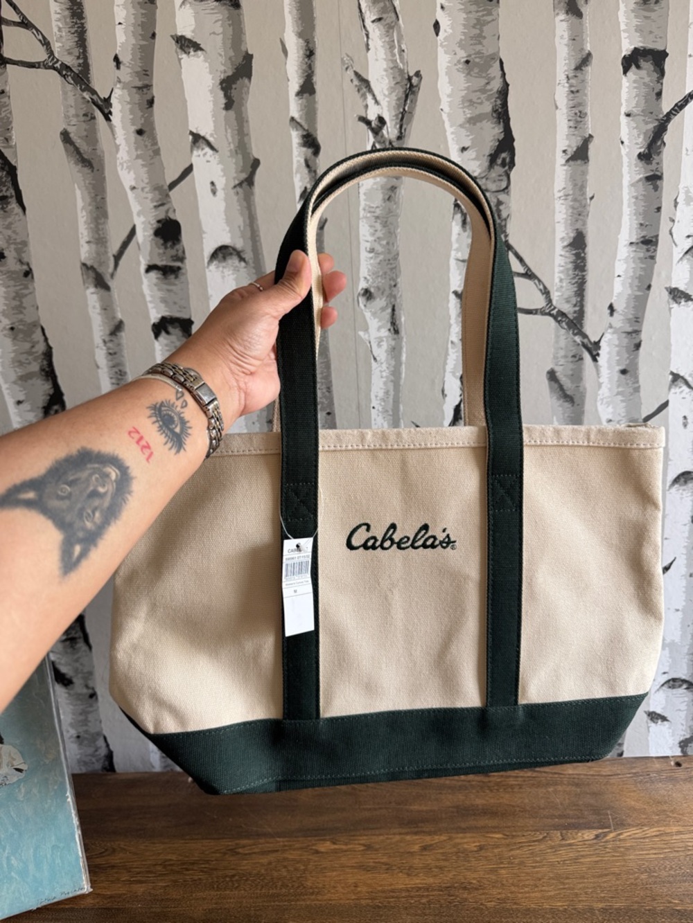 Vintage Cabela's Beige and Green Medium Canvas Tote